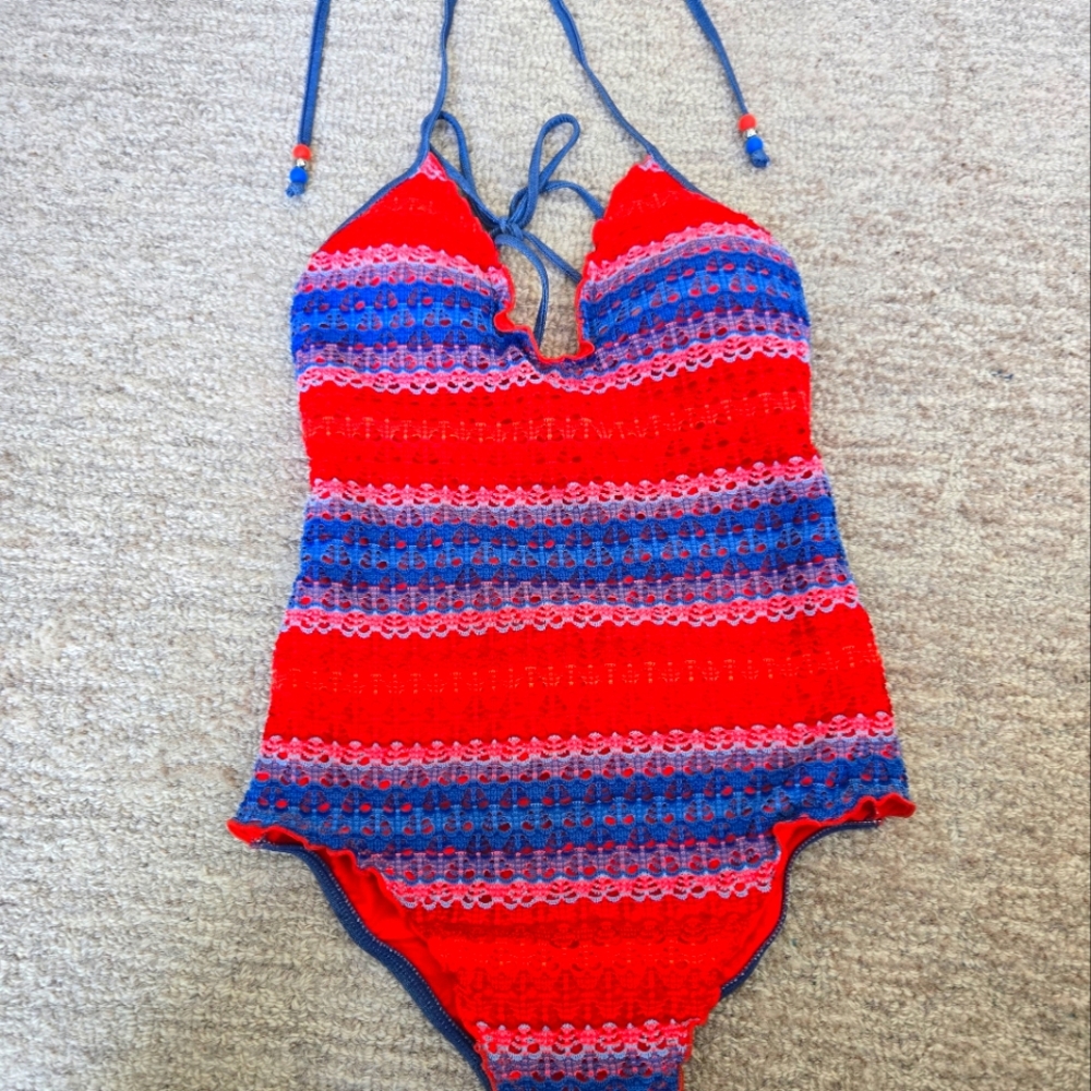 Halter top swim suit, size small, orange and blue
